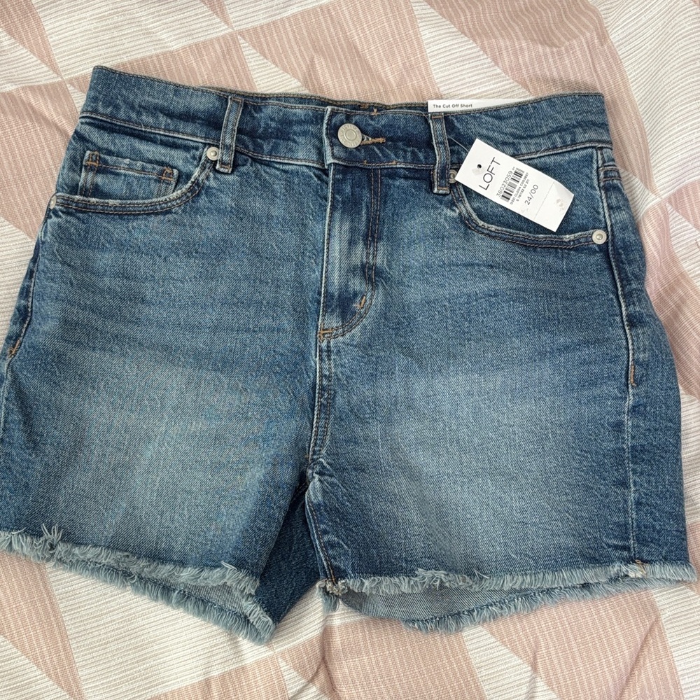 NWT LOFT High-Rise Medium Blue Frayed Denim Shorts